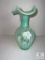 Fenton 6837 GC Green Glass Stripe Optic Iridized Tri Crimp Vase