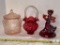 Group of Three Decorative Glass Pieces: Tobacco Jar, Basket, Candle Holder