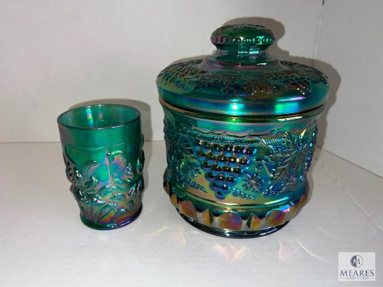 Fenton 3198 SI Spruce Green Tobacco Jar and Spruce Green Water Glass