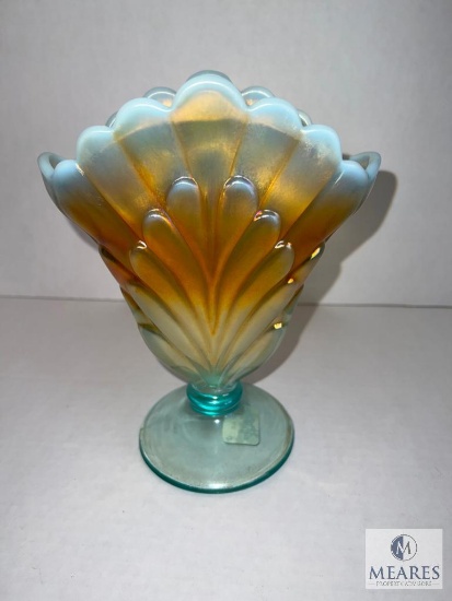 Fenton 5956 4P 2005 100th Anniversary Plume Vase - 8-inch - Aqua Opalescent and Marigold
