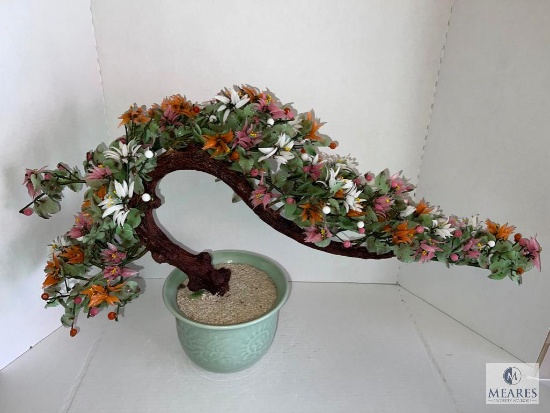 Bonsai Tree with Carved Jade and Other Stone Leaves