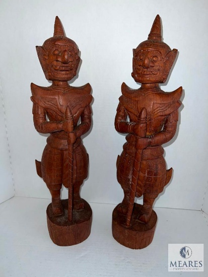 Pair of Indian Temple Guard Statues - Carved Wood