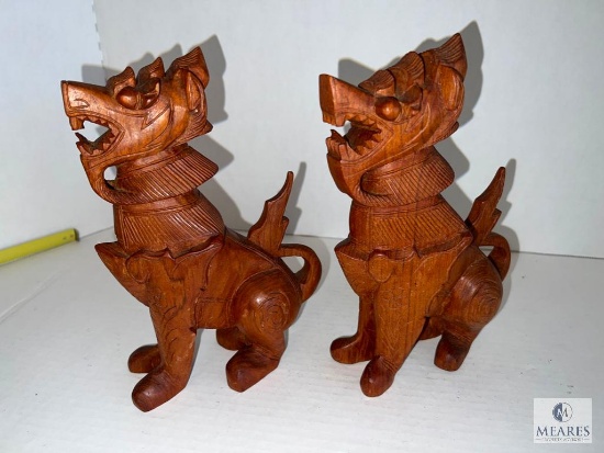 Pair of Wood Carved Foo Dog/Temple Dogs