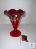 Fenton 5973 QY Hand Painted Ruby Amberina Trumpet Vase