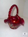 Fenton 4234 QY Amberina Hand Painted Stretch Glass Twisted Handle Basket