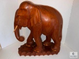 Large Wood Carved Elephant Statue with Wooden Tusks