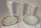 Lot of Milk Glass - Indiana Colony Grape Vase and Assorted Anchor Hocking Tray and Vases