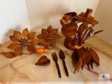 Lot of Wood Carved Floral Arrangement, Leaves, Flowers and Fork Spoon Set