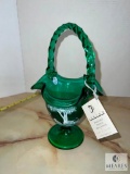 Fenton 7134 SH Hand Painted Emerald Green Glass Mary Gregory Design Basket