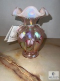 Fenton 1214 PI Hand Painted Opalescent Champagne Satin with Field Flowers Melon Vase
