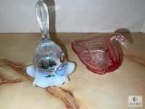 Fenton Glass Hand Painted Ruffled Edge Bell (4694 LO) and Miniature Pink Cranberry Swan (5127 CP)
