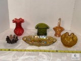 Six Piece Lot of Assorted Colored Glass Dishes and Vases