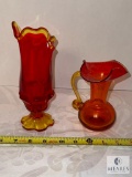 Lot of Two Amberlina Glass Vase and Pitcher