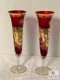 Set of Two 10-inch Star Glass Handmade Champagne Flutes with Gold Accents
