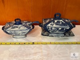 Blue and White Lidded Serving Dishes