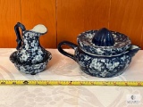 Blue and White Ironstone Pitcher and Covered Tea Pot