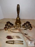 Large Lot of Brass Decorative Items - Napkin Rings, Bell, Tongs