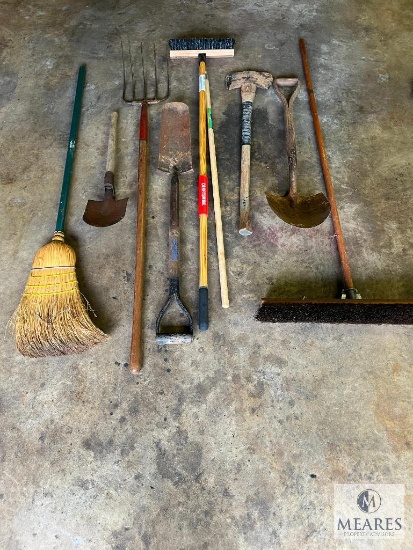 Lot Assorted Yard Tools - Brooms and Shovels, Pitchfork