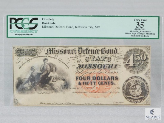 PCGS Graded 35 $4.50 Obsolete Banknote - Missouri Defence Bond, Jefferson City, MO