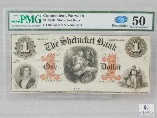 PMG Graded 50 $1 Remainder Note - 1860s Shetucket Bank - State of Connecticut, Norwich