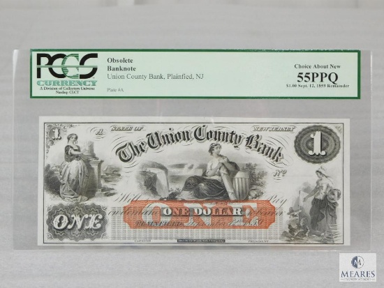 PCGS Graded 55PPQ $1 Obsolete Banknote - Union County Bank, Plainfield, NJ