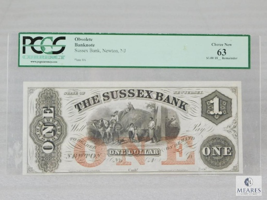 PCGS Graded 63 $1 Obsolete Banknote - Sussex Bank, Newton, NJ
