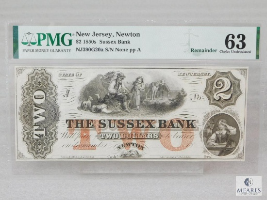 PMG Graded 63 $2 Remainder Note - 1850s Sussex Bank - New Jersey, Newton