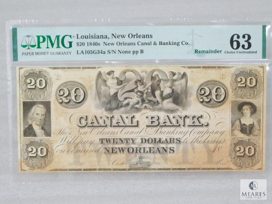 PMG Graded 63 $20 Remainder Note - 1840s New Orleans Canal & Banking Co. - Louisiana, New Orleans