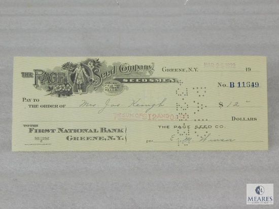 1932 The Page Seed Company - First National Bank, Greene, NY Cancelled Check