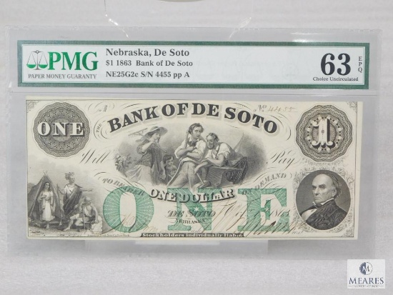 PMG Graded 63 EPQ $1 Note - 1863 Bank of De Soto - Nebraska, De Soto