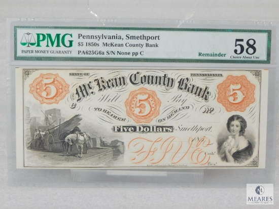 PMG Graded 58 $5 Remainder - 1850s McKean County Bank - Pennsylvania, Smethport