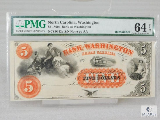 PMG Graded 64 EPQ $5 Remainder Note - 1860s Bank of Washington - North Carolina, Washington