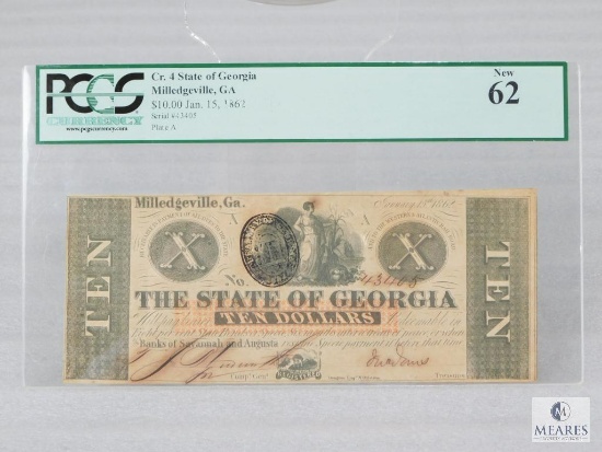 PCGS Graded 62 $10 Note - January 15, 2862 - Cr. 4 State of Georgia - Milledgeville, GA