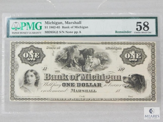 PMG Graded 58 $1 Remainder - 1862-65 Bank of Michigan - Michigan, Marshall