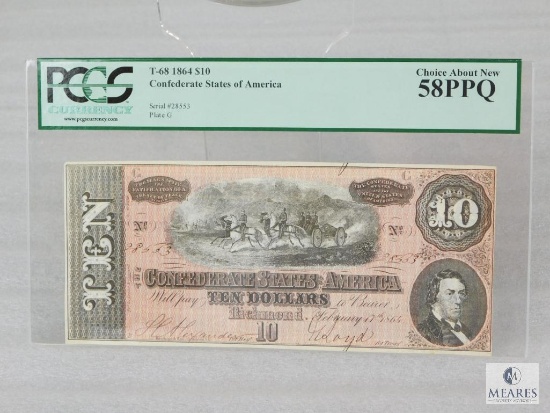 PCGS Graded 58 PPQ $10 1864 Confederate States of America Note