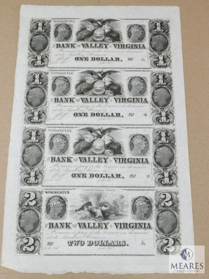 The Bank of The Valley of Virginia Uncut $1 and $2 Specimen Sheet