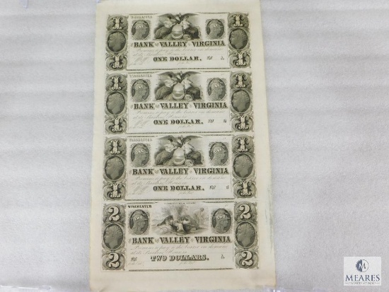 The Bank of The Valley of Virginia Uncut $1 and $2 Specimen Sheet