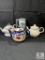Lot of 3 Tea Pots and One Plate Made in England, One Unmarked Asian Inspired Pitcher