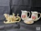 Set of Matching Pitchers With Matching Tea Cup and Saucer, Large Porcelain Figurine