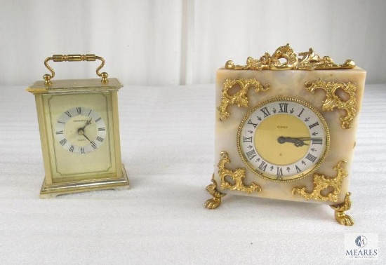 Lot of Two Table Clocks Marble Elsinor and Brass Tone President Quartz