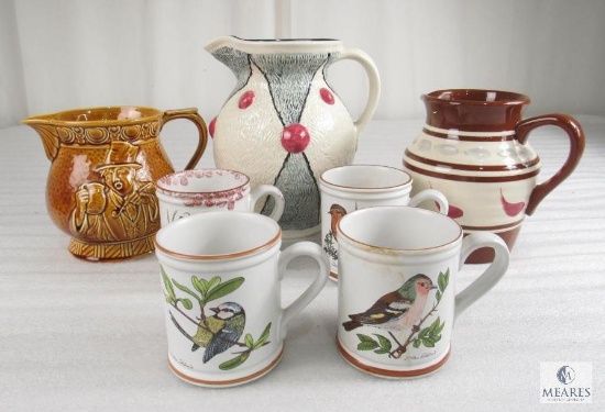 Lot of Three Made in England Pitchers and Four Denby Bird Pattern Coffee Mugs