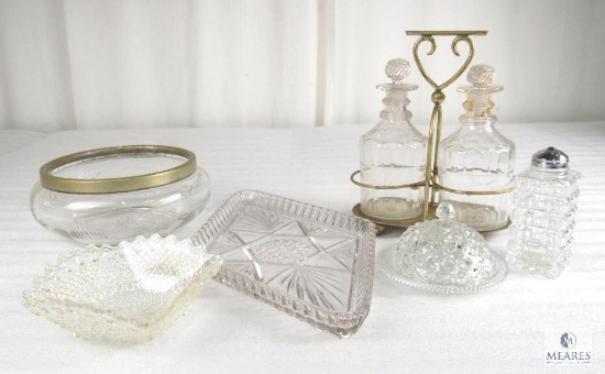 Assorted of Cut Glass Serving Items Includes a Pair of Decanter with Brass Holder