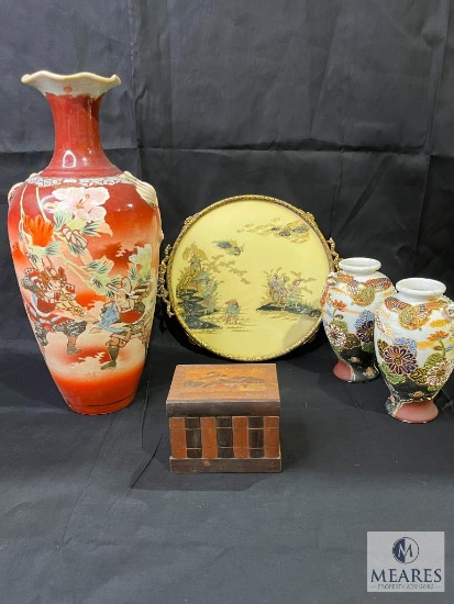 Lot Oriental Vases, Glass Top Tray and Wood Trinket Box