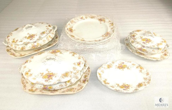 12 Piece Vintage China Plates, Gray Boat, Lidded Soup Bowls and Serving Plates
