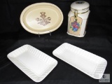 Lot of 3 Ceramic Dishes And One Large Ceramic Cookie Jar With Latching Lid.