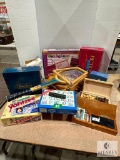 Lot of Approximately 9 Board Games and Vintage Wooden Tennis Racquet