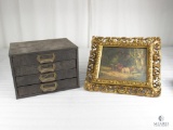 Antique Gold Framed Painting With Vintage Small Filing Cabinet