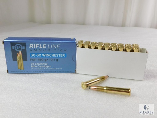 20 Rounds PPU 30-30 Ammo. 150 Grain Flat Nose Soft Point 2300 FPS