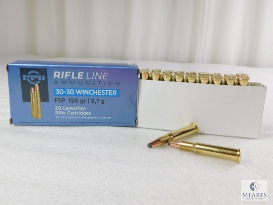 20 Rounds PPU 30-30 Ammo. 150 Grain Flat Nose Soft Point 2300 FPS
