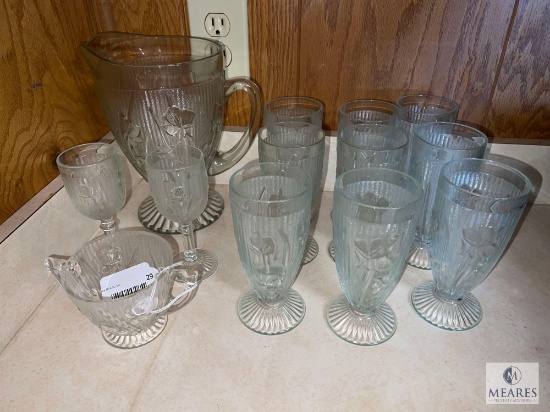 13 Pieces of Vintage Iris and Herringbone Glassware